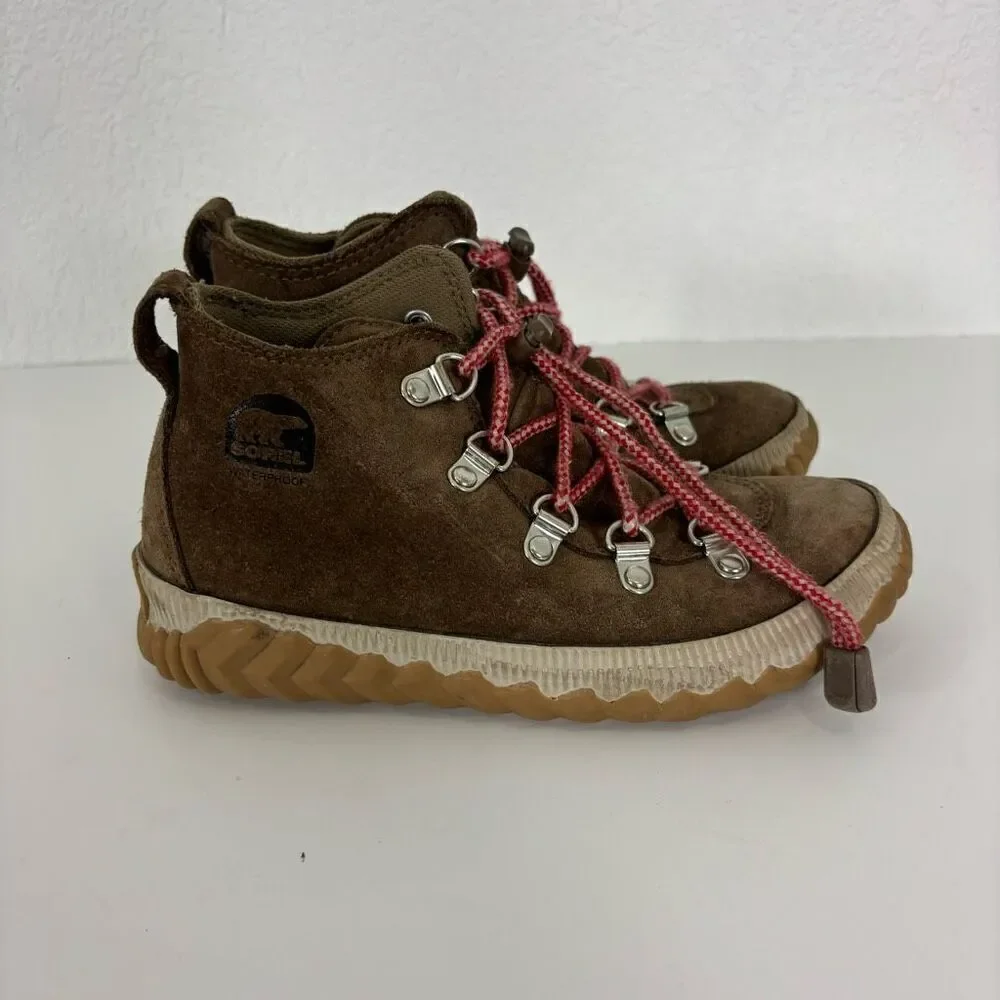 Sorel Brown Leather Suede‎ with Pink No Tie Lace Winter Boots girl’s 1